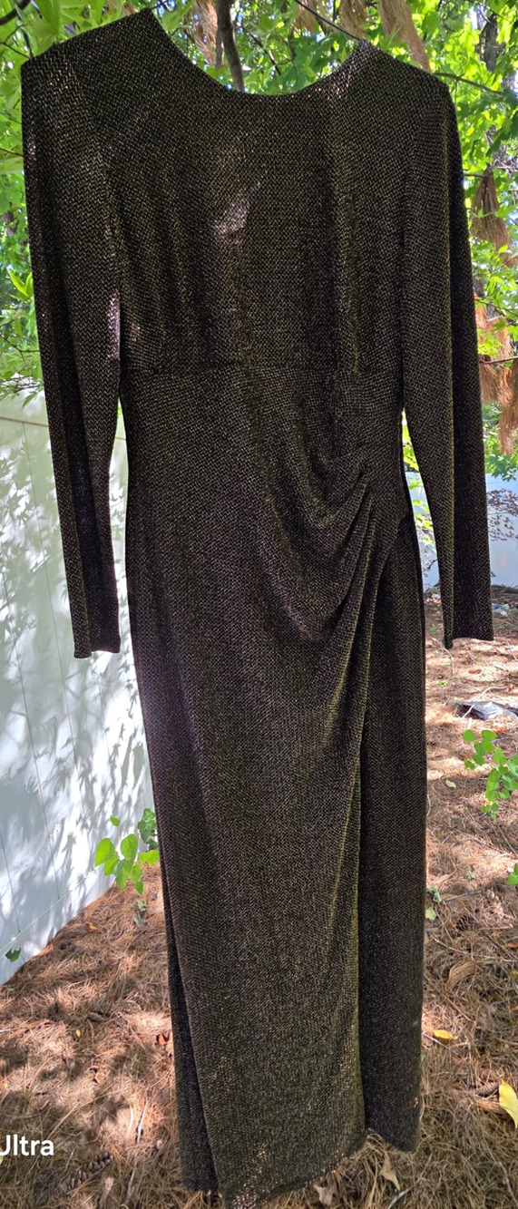 Lauren Ralph Lauren Evening Metallic Gold Black Ruched Long Sleeve Slit Gown 12P